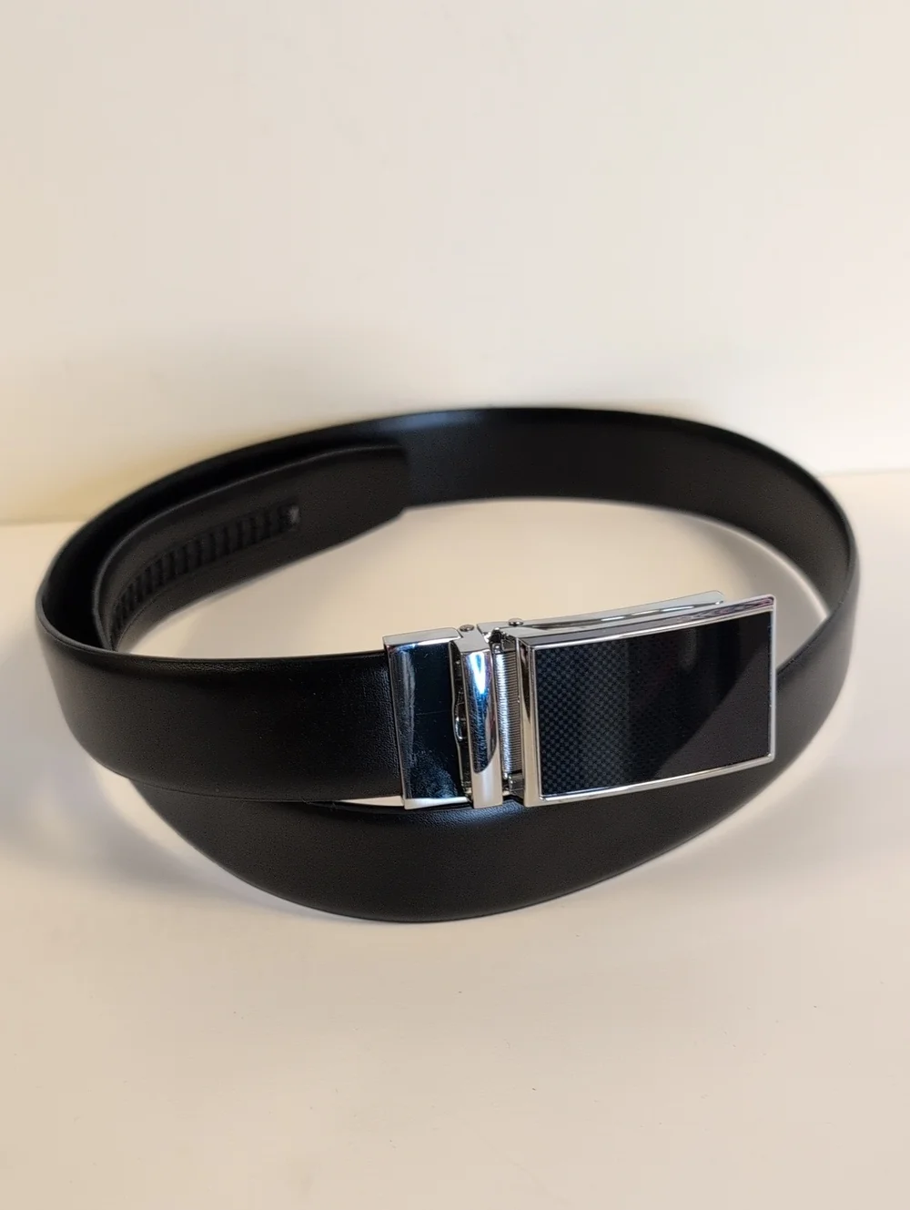 Men's Black Bonded Leather Ratchet Belt Silver Slide Buckle Adjustable 34-36